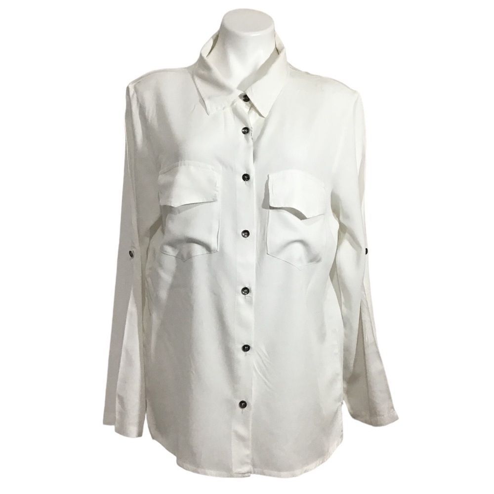 Free For Humanity White Satin Long Sleeve Skull Embellished Button Down Top Size